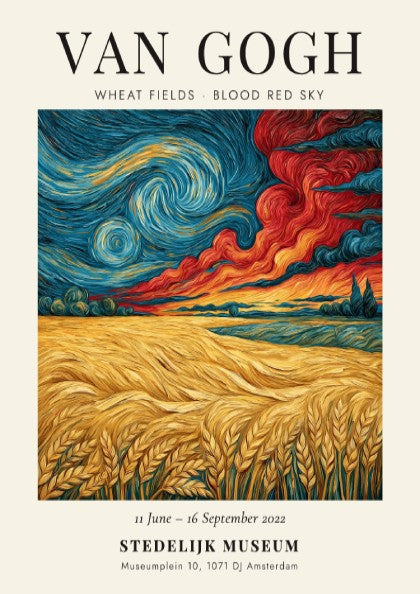 Wheat fields poster featuring swirling clouds and vibrant colors inspired by Van Gogh's style