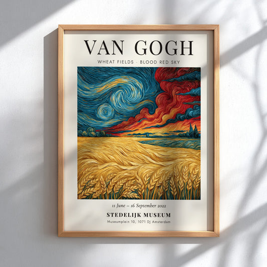 Wheat fields poster featuring swirling clouds and vibrant colors inspired by Van Gogh's style