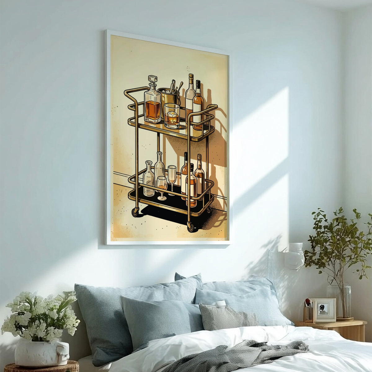 Poster featuring a vintage gold bar cart with whiskey bottles and a glass.
