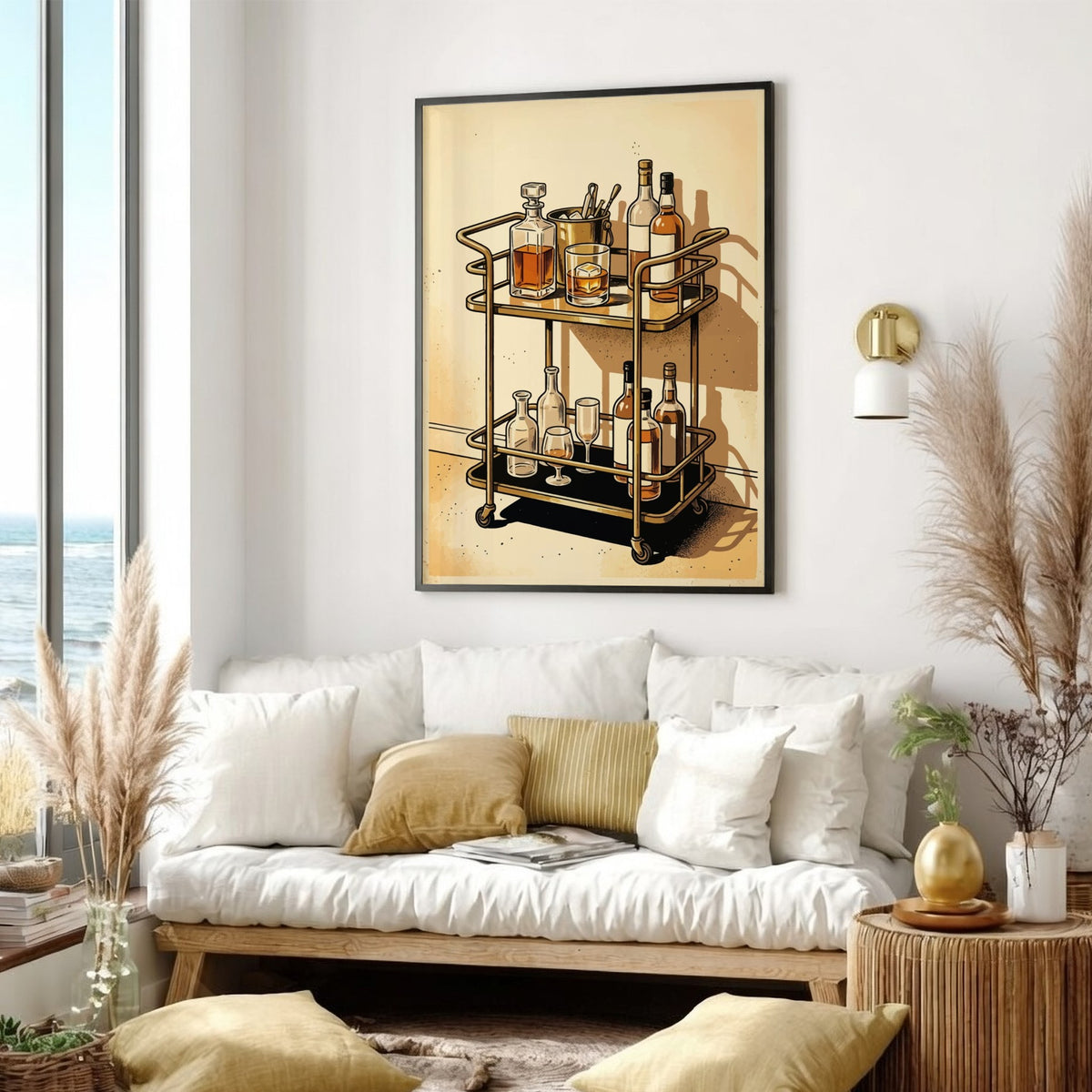 Poster featuring a vintage gold bar cart with whiskey bottles and a glass.