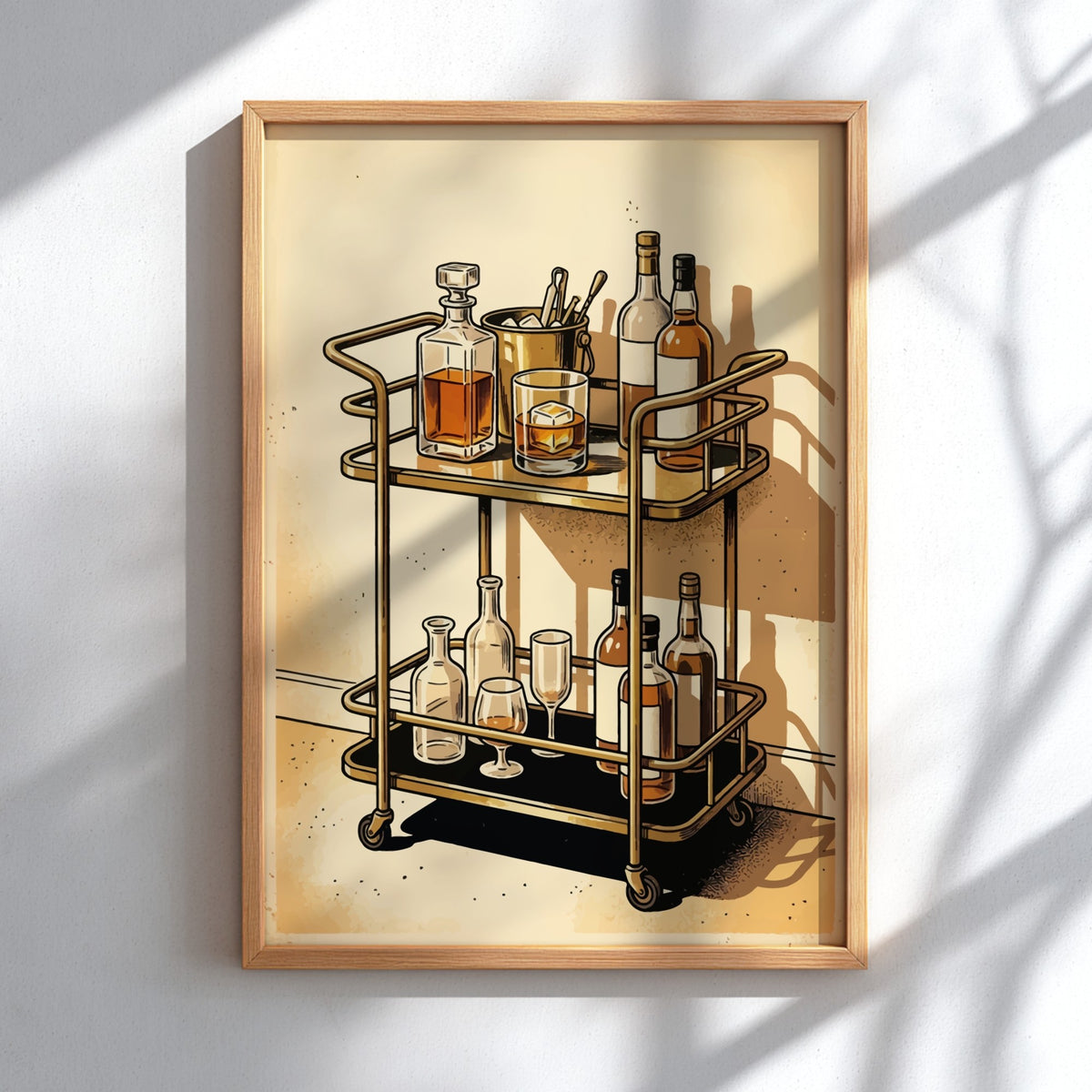 Poster featuring a vintage gold bar cart with whiskey bottles and a glass.