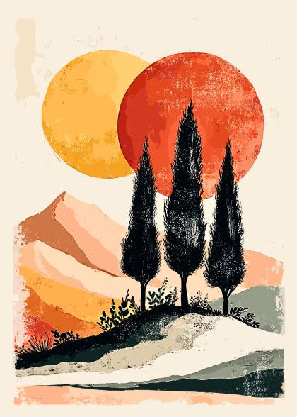Surreal landscape with trees, orange and yellow suns, and mountains.