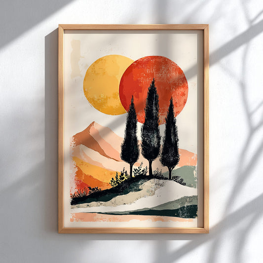 Framed artwork of a landscape with trees and abstract suns on a white wall.