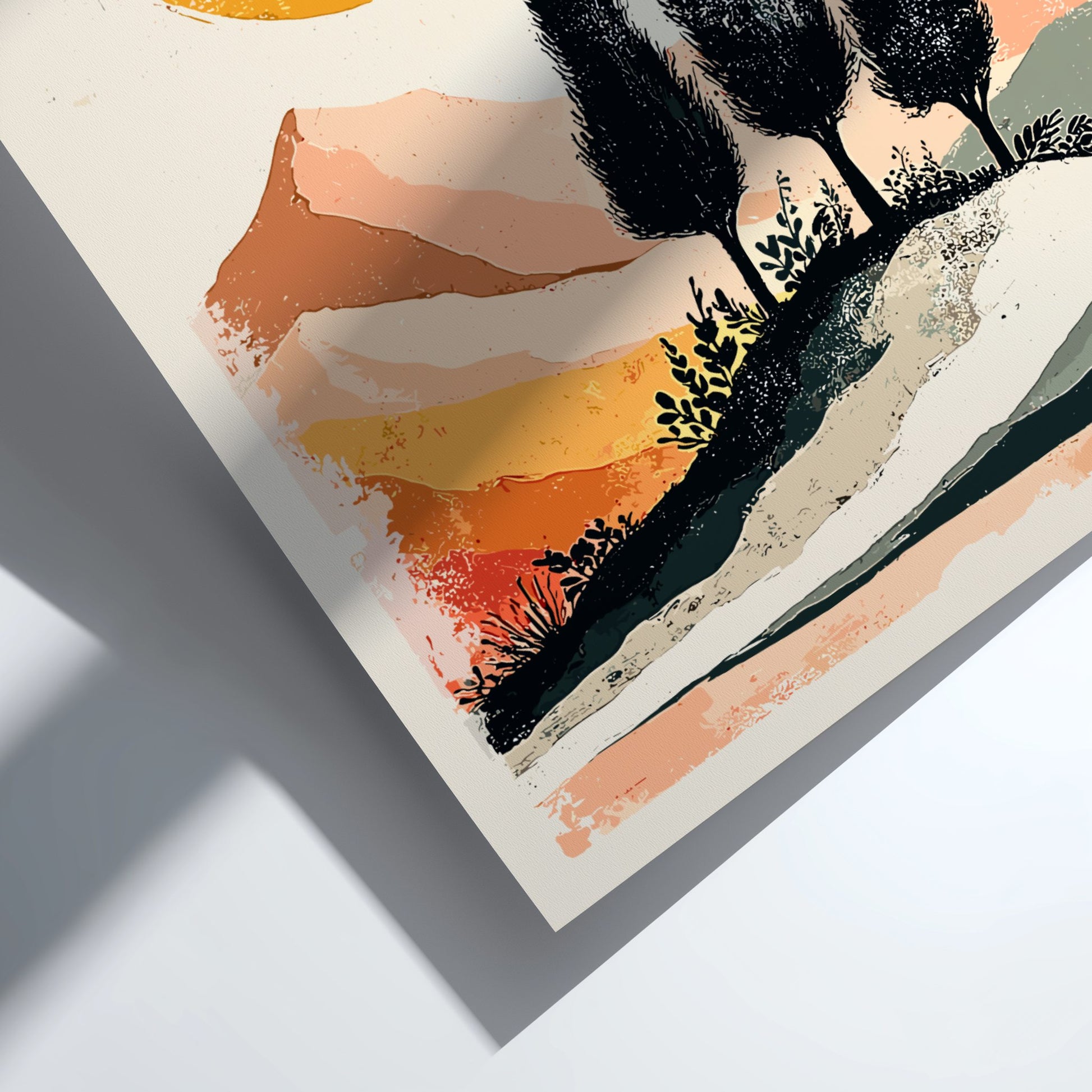 Artistic depiction of a landscape with trees and geometric shapes on a white background