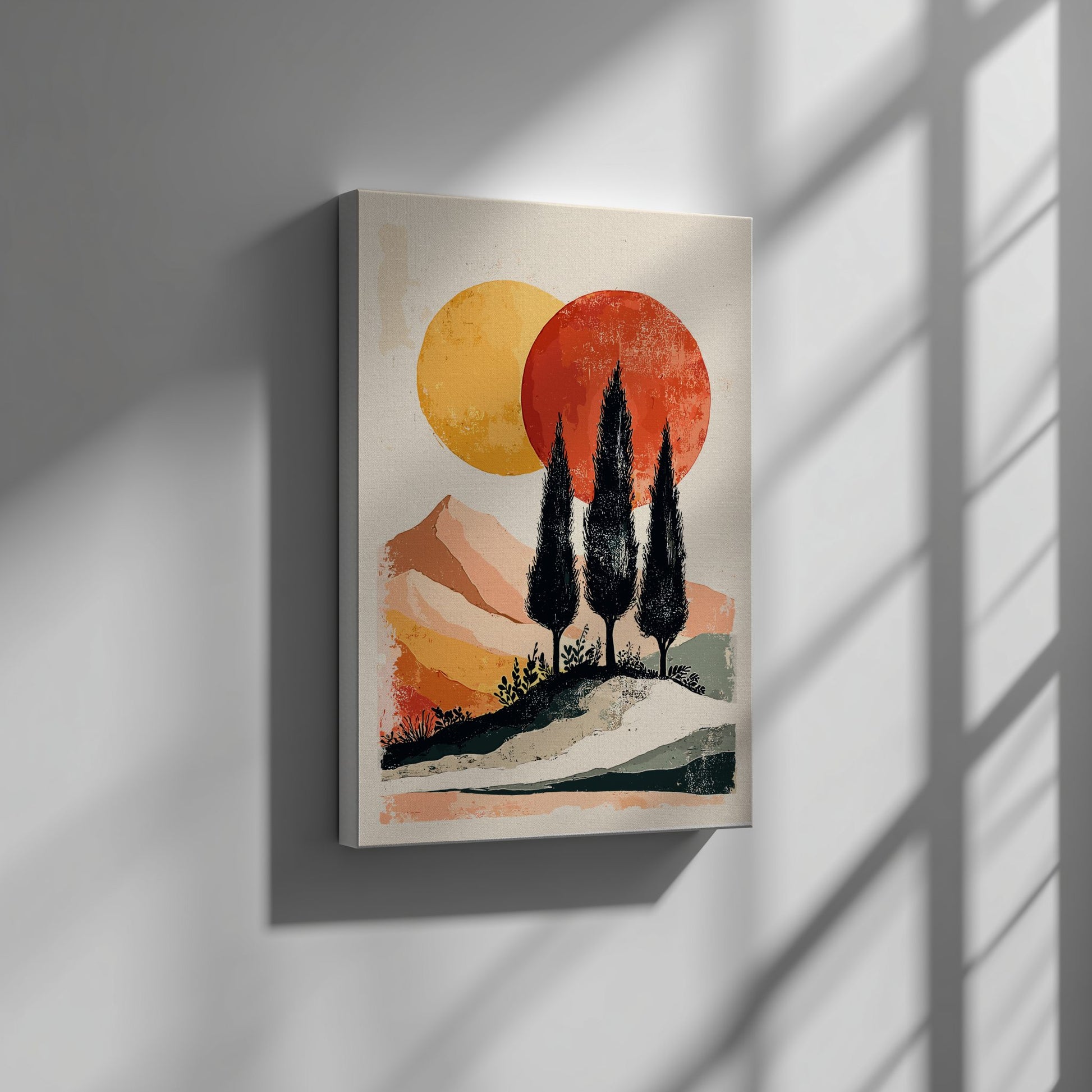 Canvas print of a landscape with two suns and trees on a wall.
