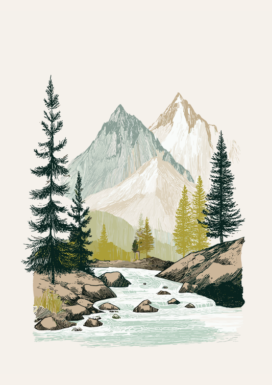 Mountain landscape with trees and a stream on a beige background