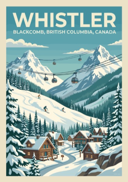 Travel poster of Whistler Blackcomb featuring snowy mountains, ski lifts, and cozy cabins.