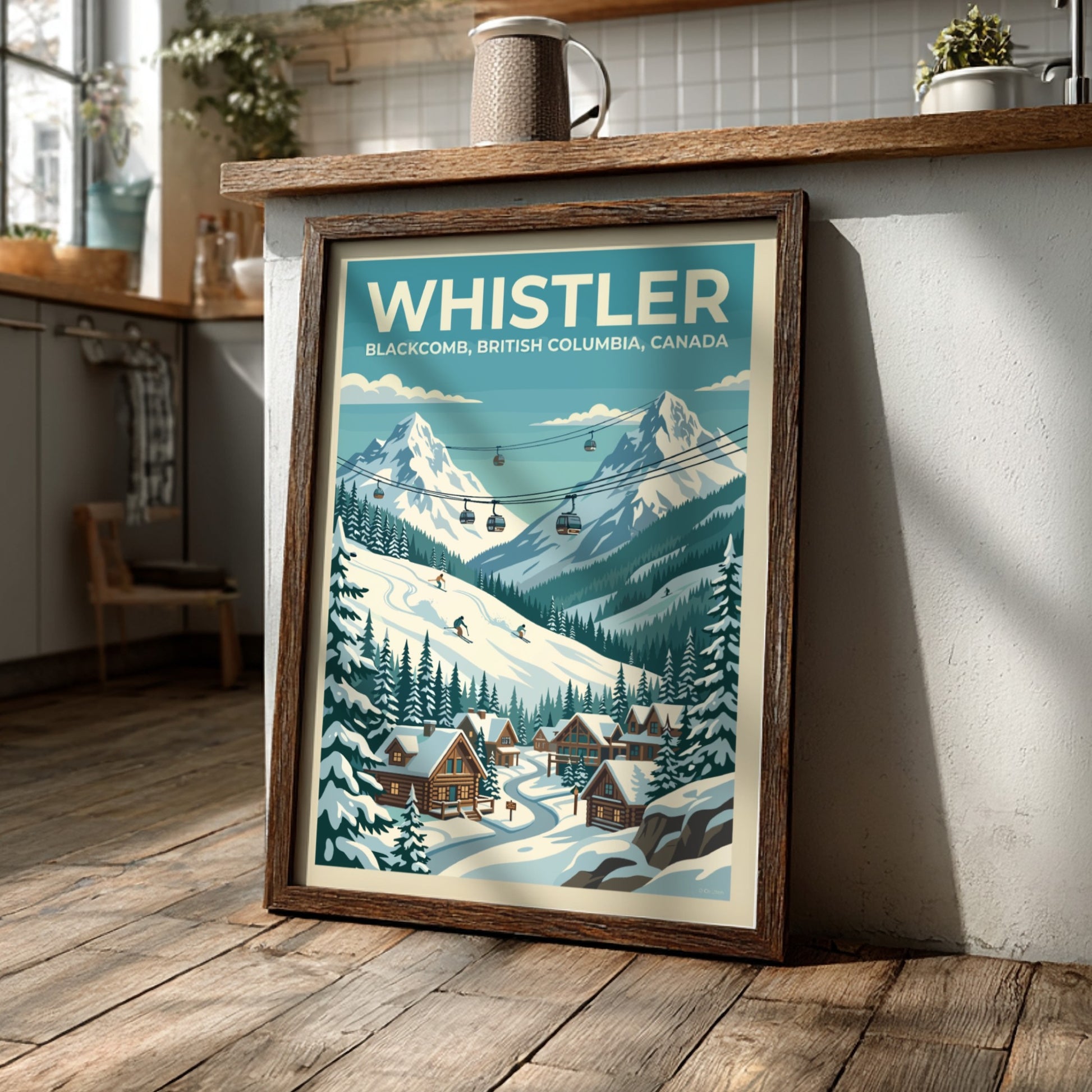 Travel poster of Whistler Blackcomb featuring snowy mountains, ski lifts, and cozy cabins.