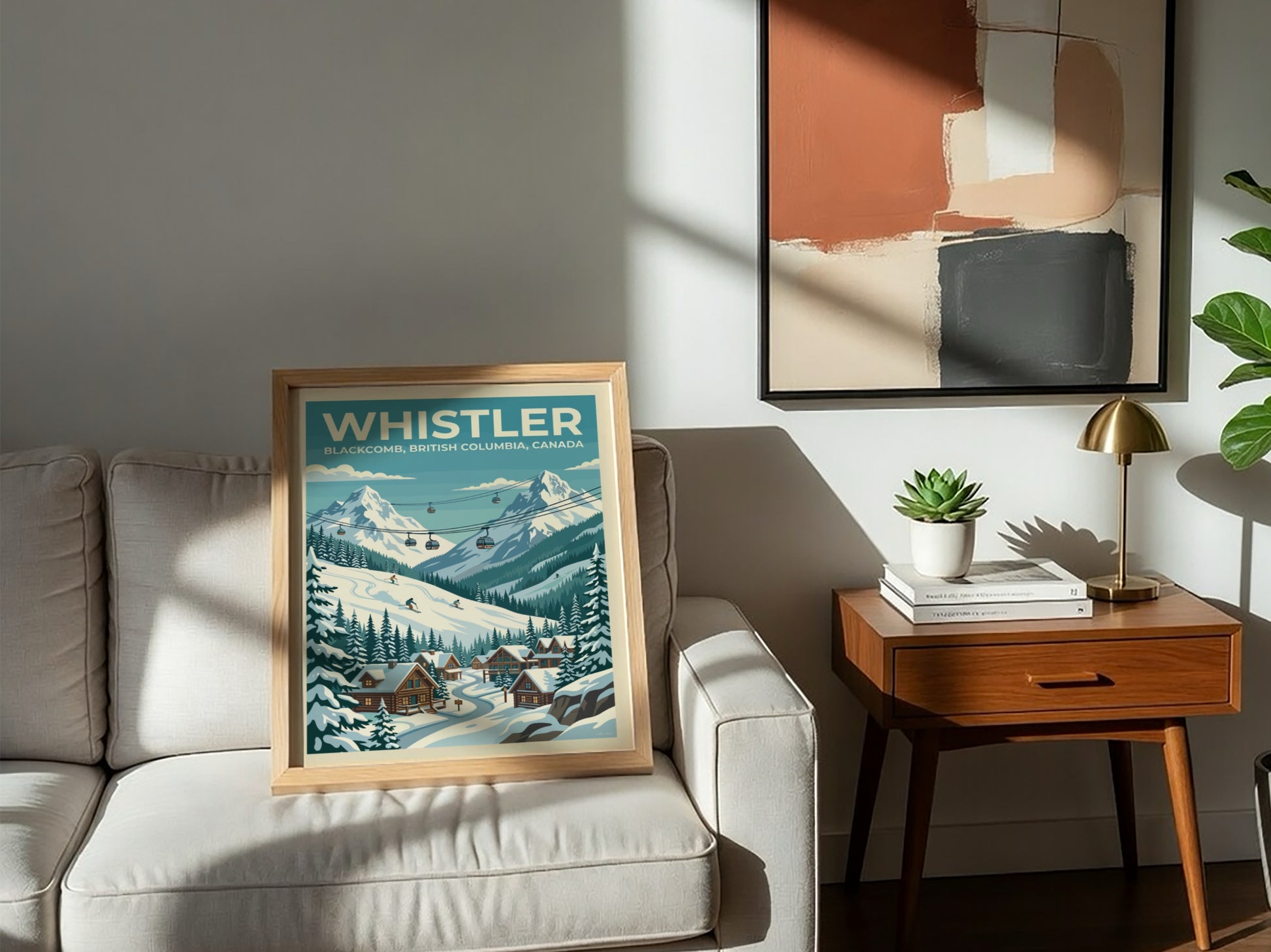 Travel poster of Whistler Blackcomb featuring snowy mountains, ski lifts, and cozy cabins.