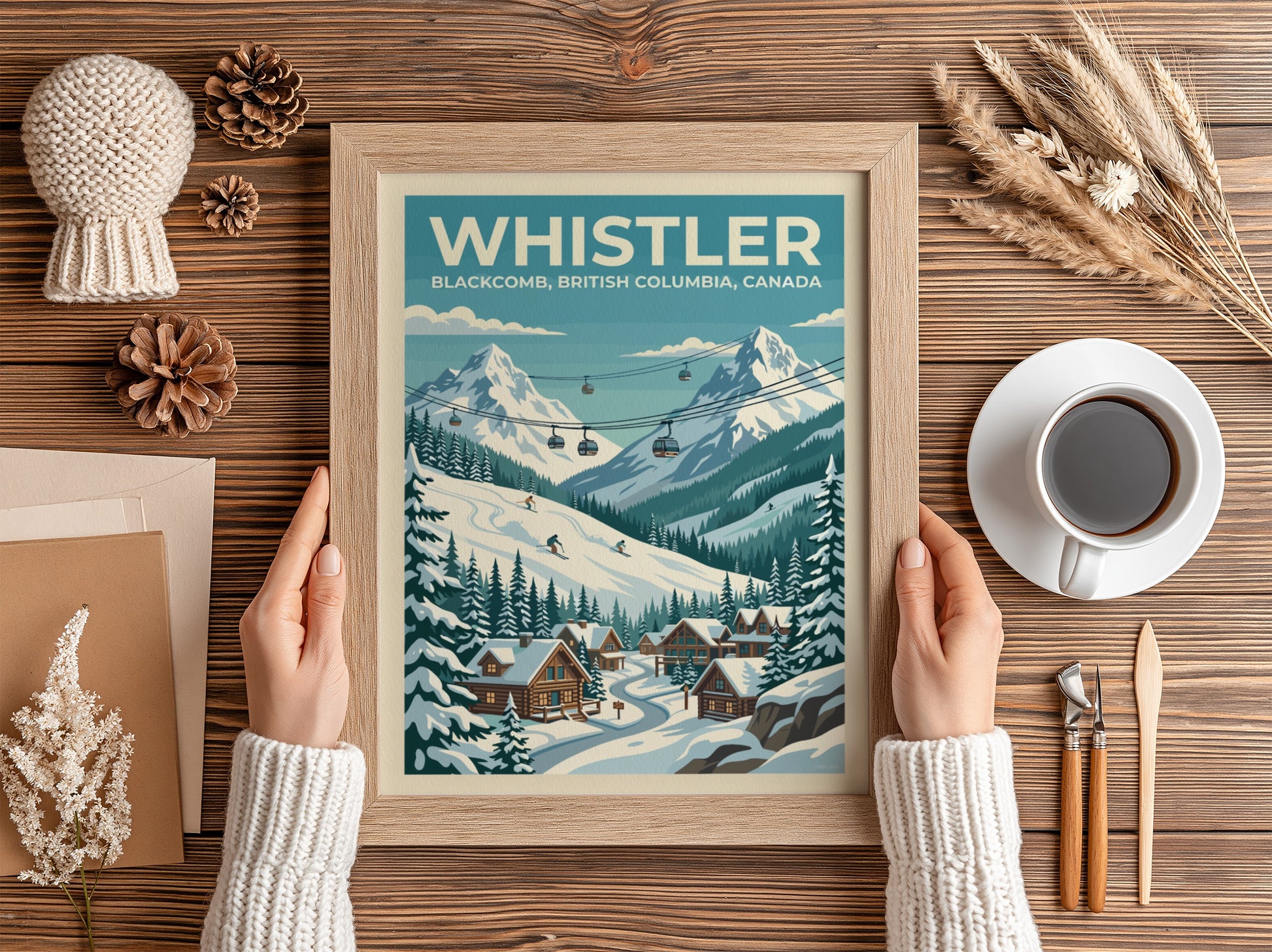 Travel poster of Whistler Blackcomb featuring snowy mountains, ski lifts, and cozy cabins.