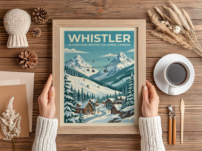 Travel poster of Whistler Blackcomb featuring snowy mountains, ski lifts, and cozy cabins.