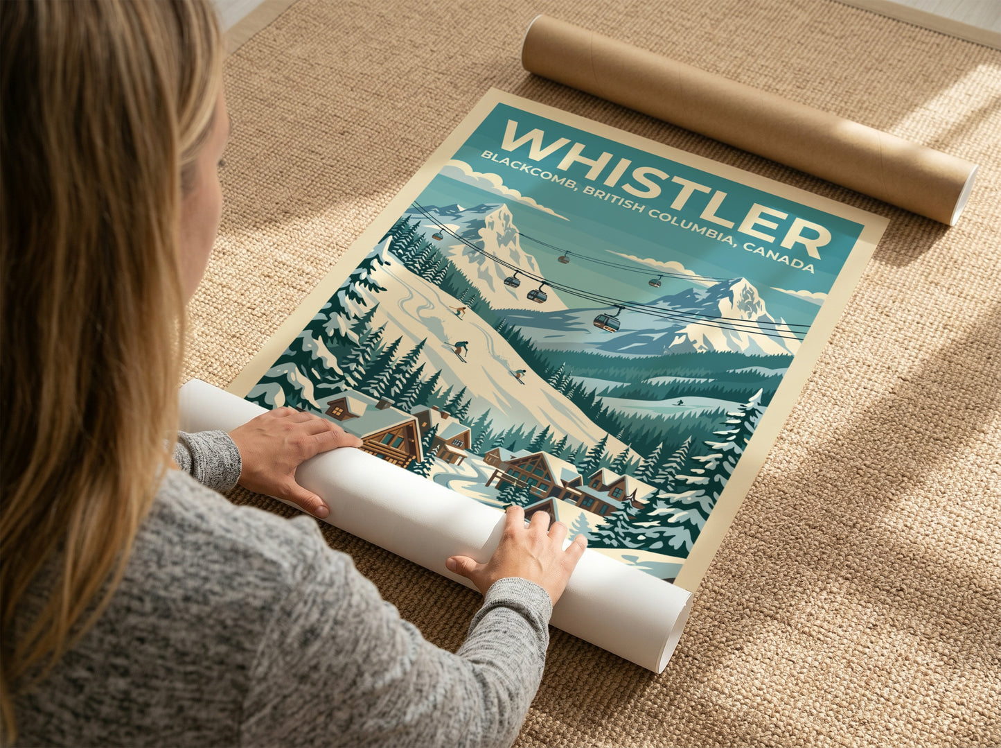 Travel poster of Whistler Blackcomb featuring snowy mountains, ski lifts, and cozy cabins.
