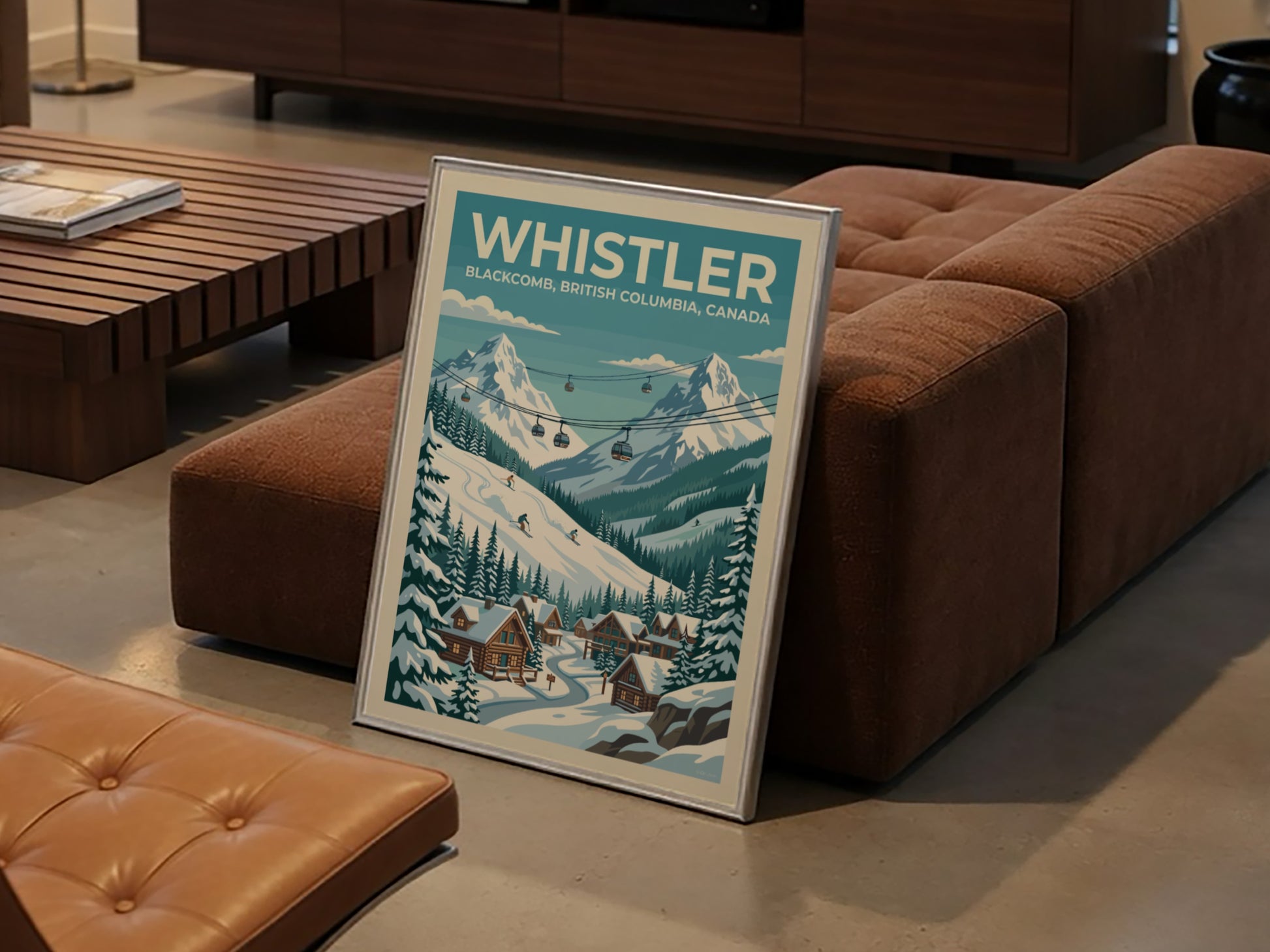 Travel poster of Whistler Blackcomb featuring snowy mountains, ski lifts, and cozy cabins.