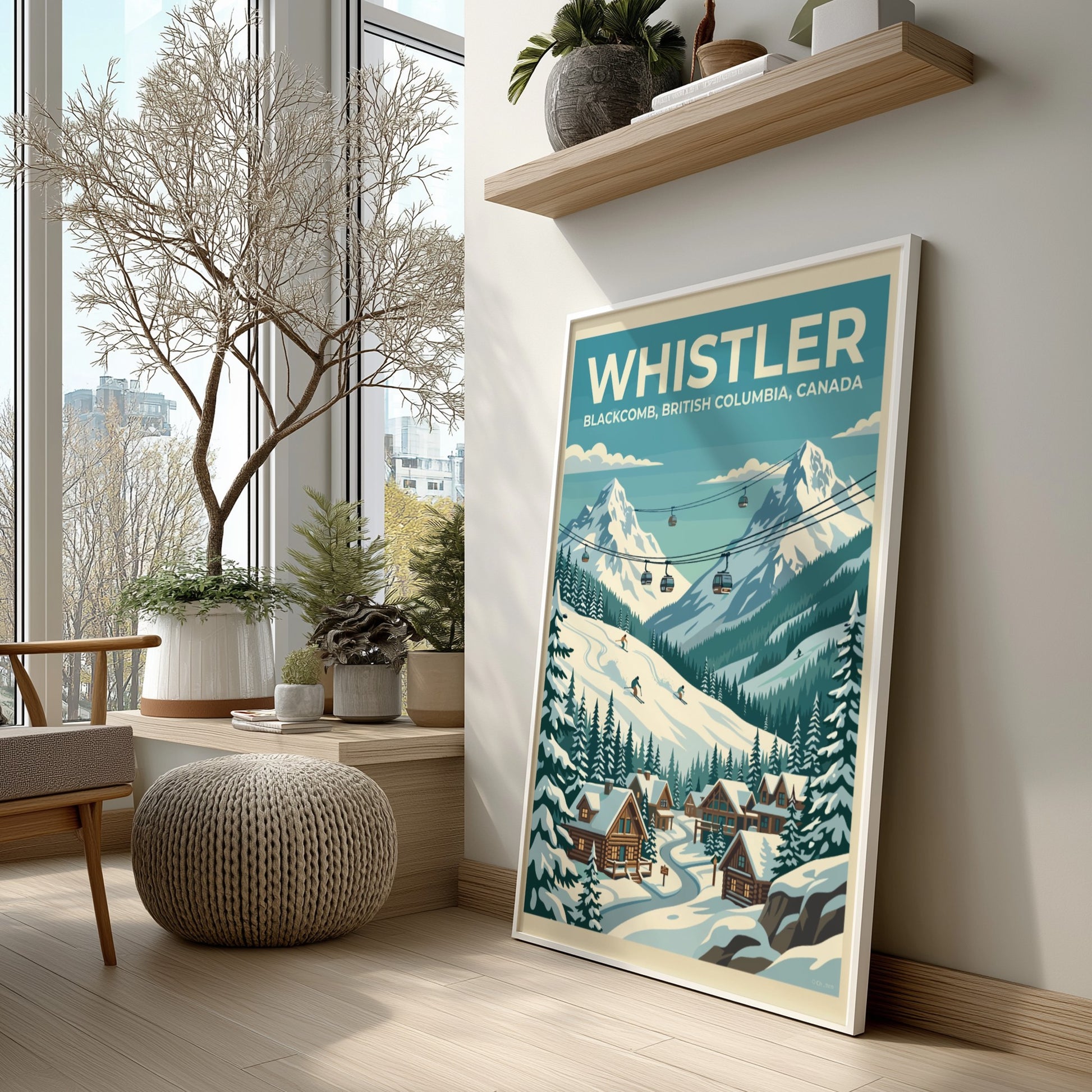 Travel poster of Whistler Blackcomb featuring snowy mountains, ski lifts, and cozy cabins.