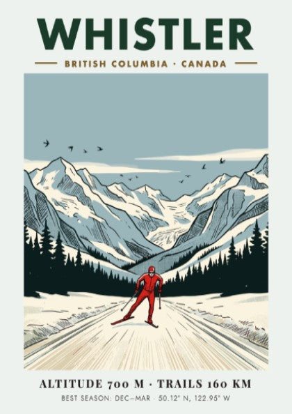 Poster of a cross-country skier in Whistler British Columbia with snow-covered mountain peaks.