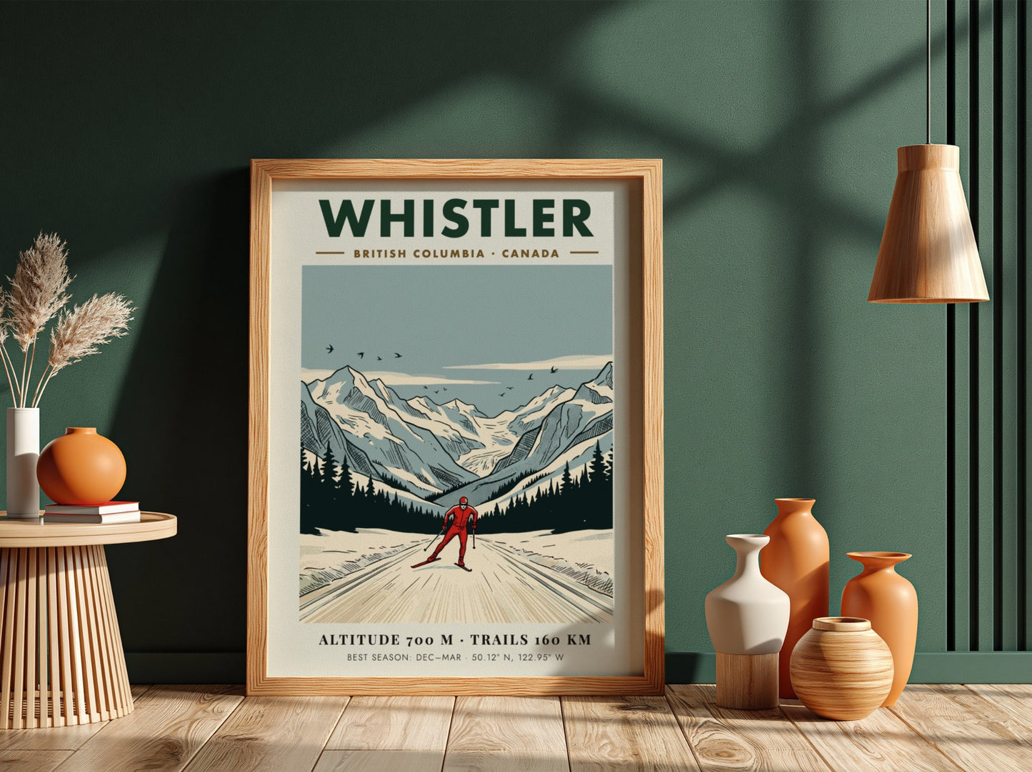 Poster of a cross-country skier in Whistler British Columbia with snow-covered mountain peaks.