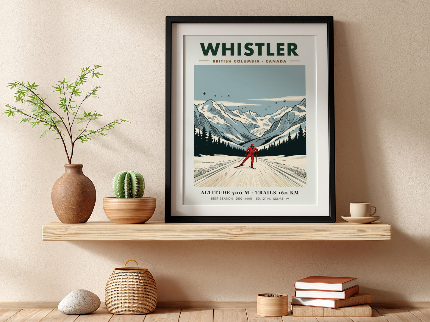 Poster of a cross-country skier in Whistler British Columbia with snow-covered mountain peaks.