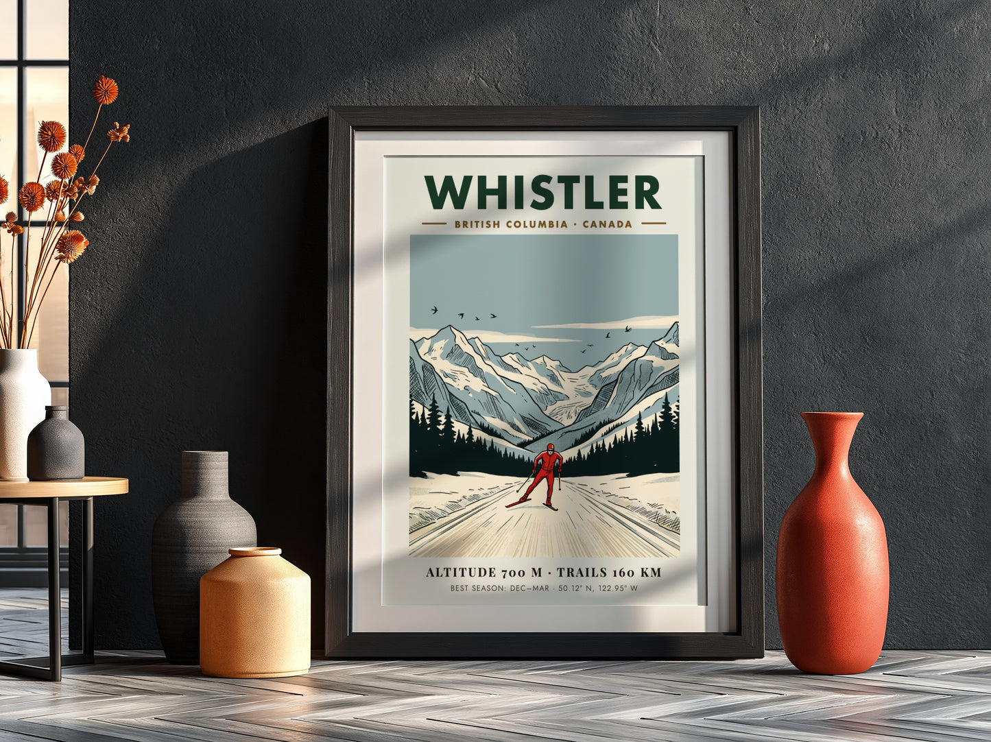Poster of a cross-country skier in Whistler British Columbia with snow-covered mountain peaks.