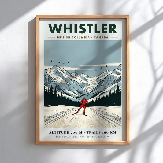 Poster of a cross-country skier in Whistler British Columbia with snow-covered mountain peaks.