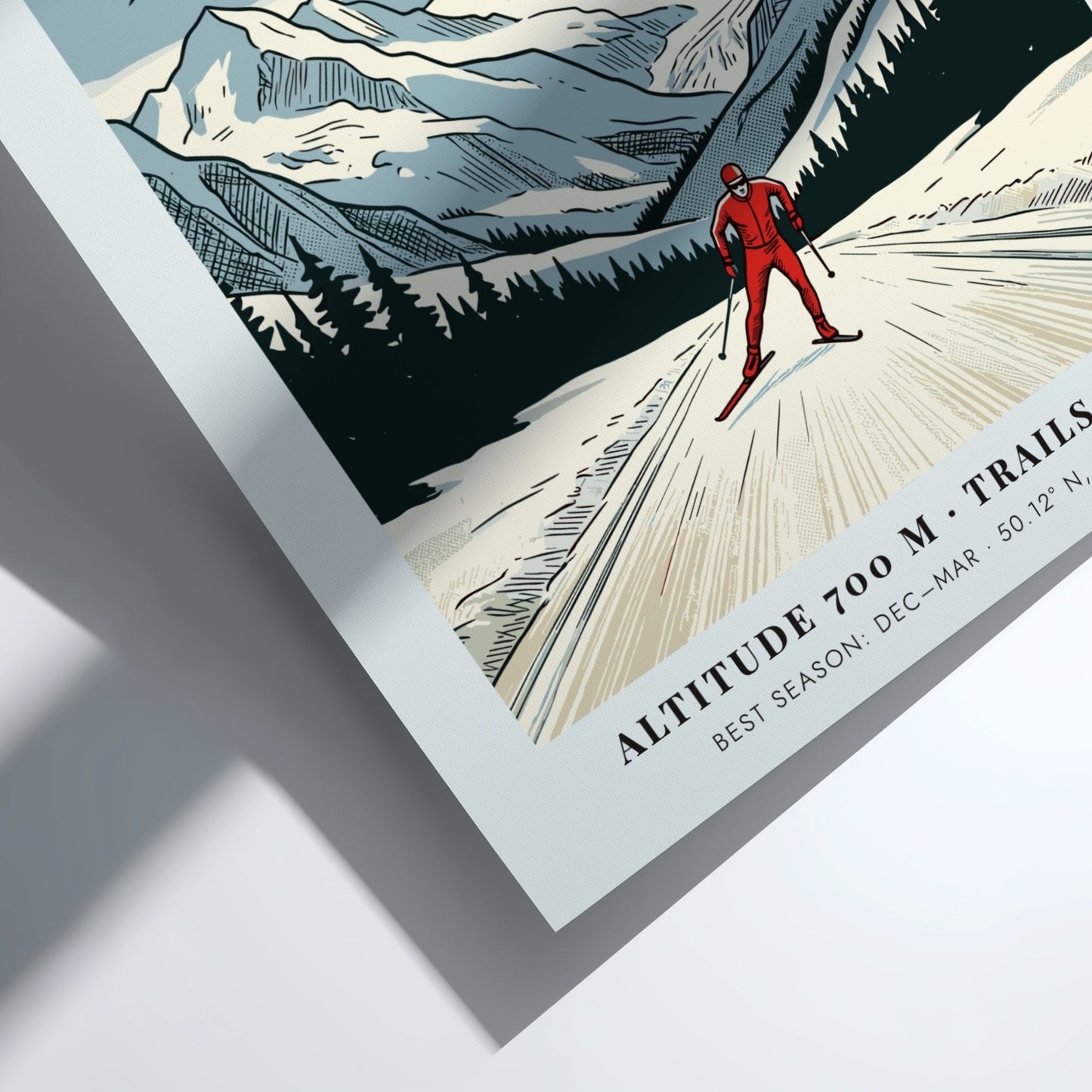 Poster of a cross-country skier in Whistler British Columbia with snow-covered mountain peaks.