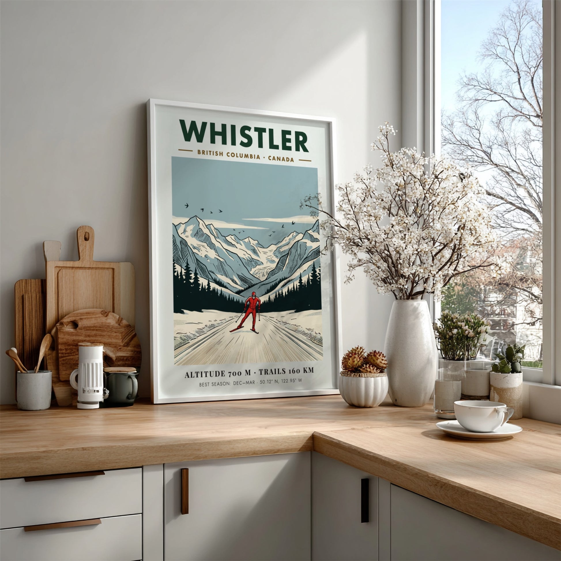 Poster of a cross-country skier in Whistler British Columbia with snow-covered mountain peaks.