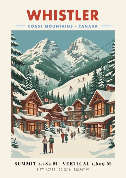 Whistler ski resort poster featuring vintage mountain landscape with snow and chalets