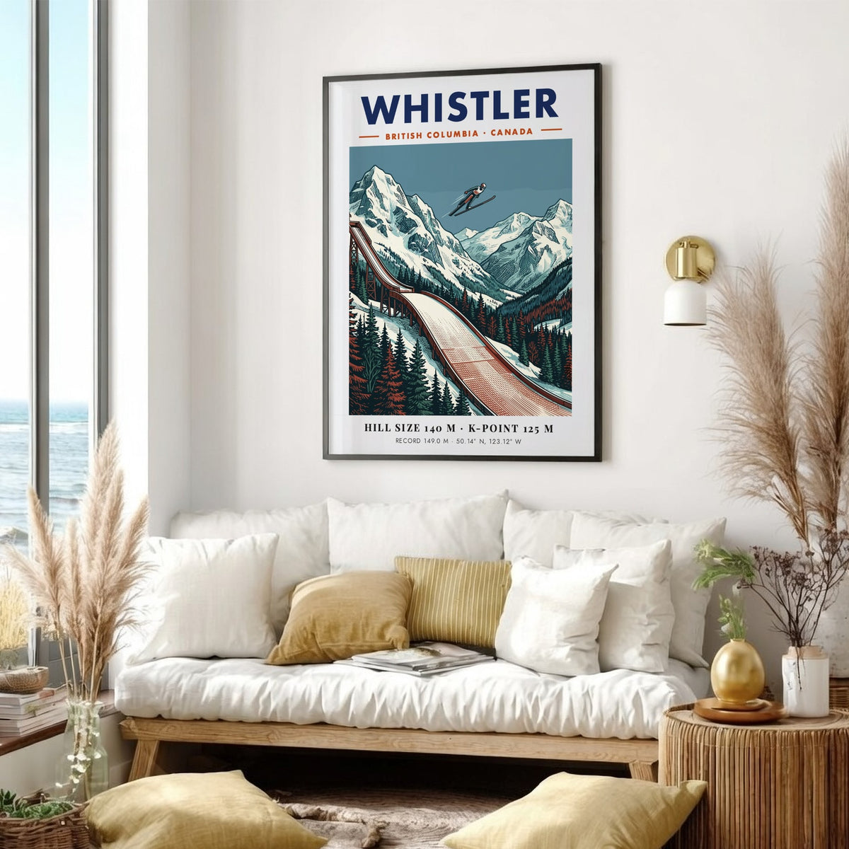 Poster of a ski jumper in flight above snowy Whistler mountains and trees.