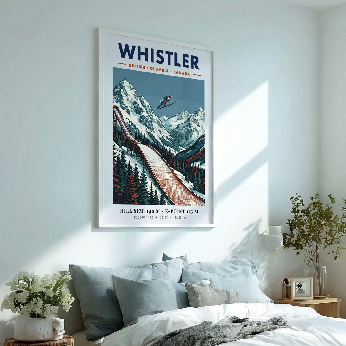 Poster of a ski jumper in flight above snowy Whistler mountains and trees.