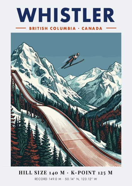 Poster of a ski jumper in flight above snowy Whistler mountains and trees.
