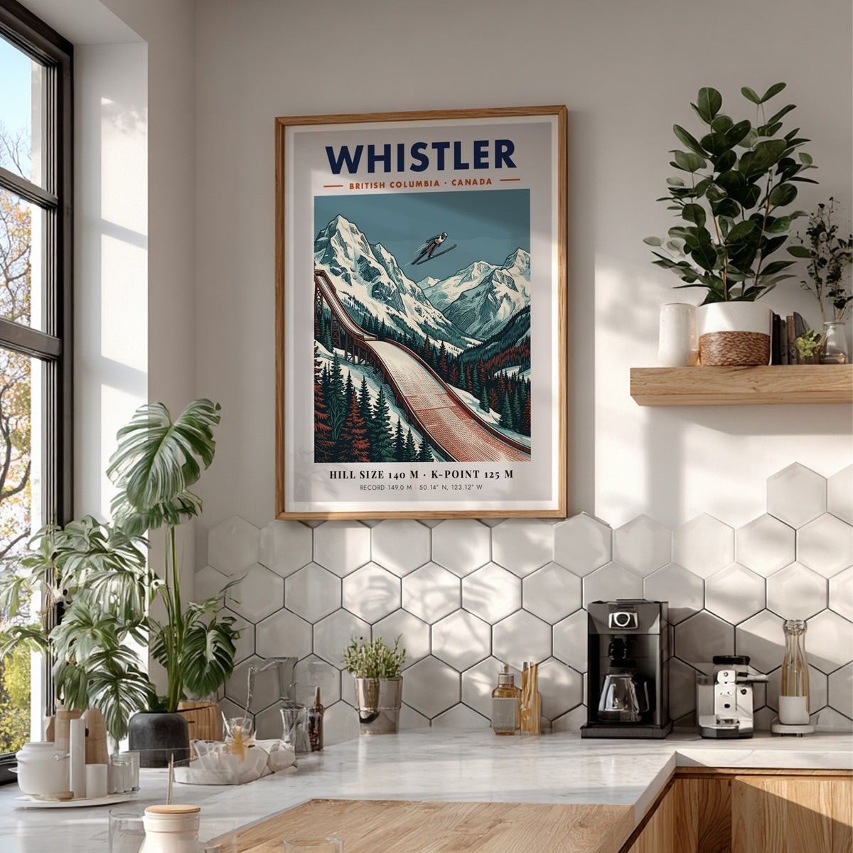 Poster of a ski jumper in flight above snowy Whistler mountains and trees.