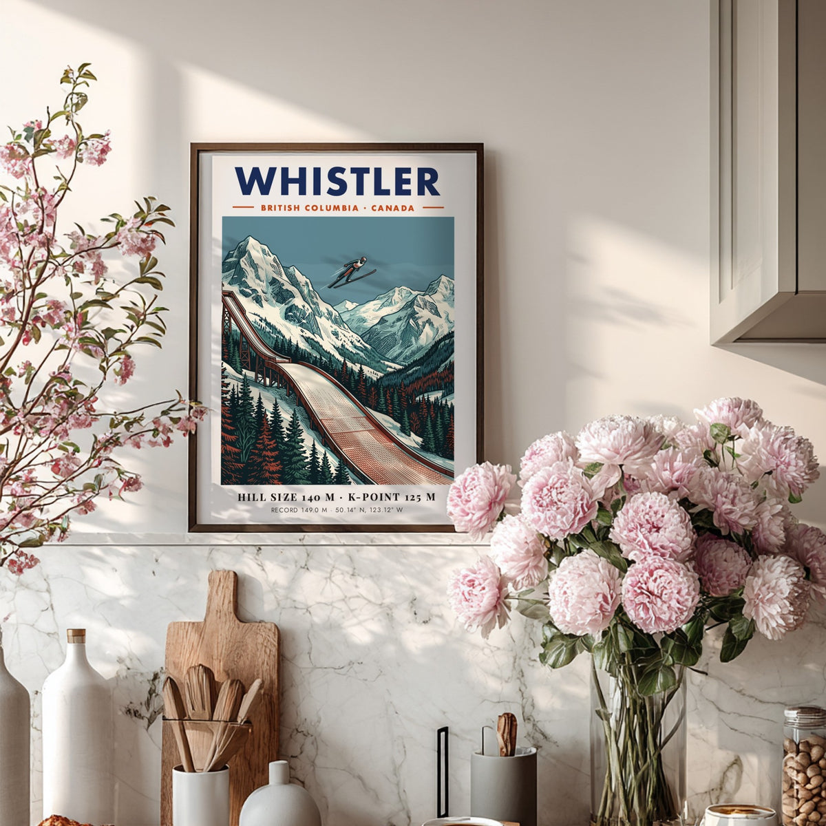 Poster of a ski jumper in flight above snowy Whistler mountains and trees.