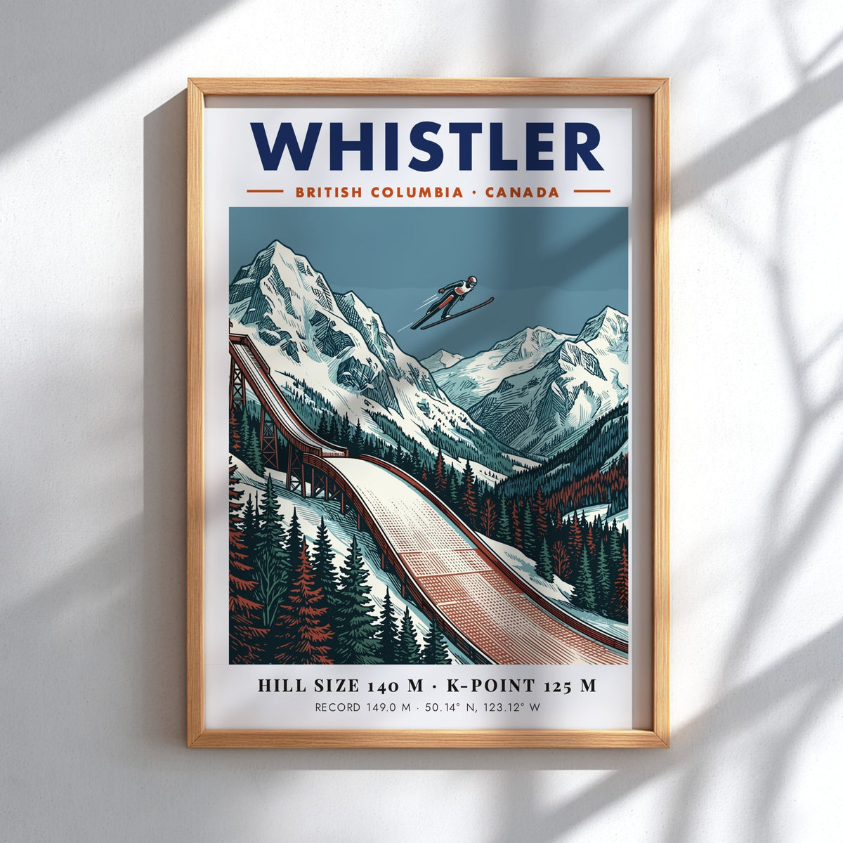 Poster of a ski jumper in flight above snowy Whistler mountains and trees.