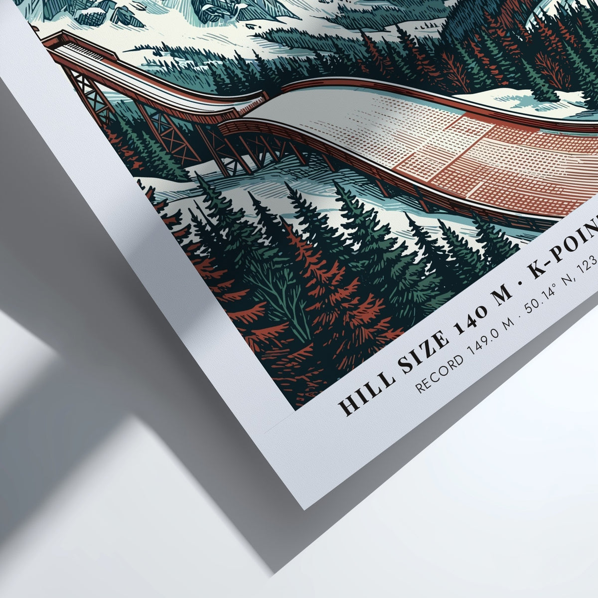 Poster of a ski jumper in flight above snowy Whistler mountains and trees.