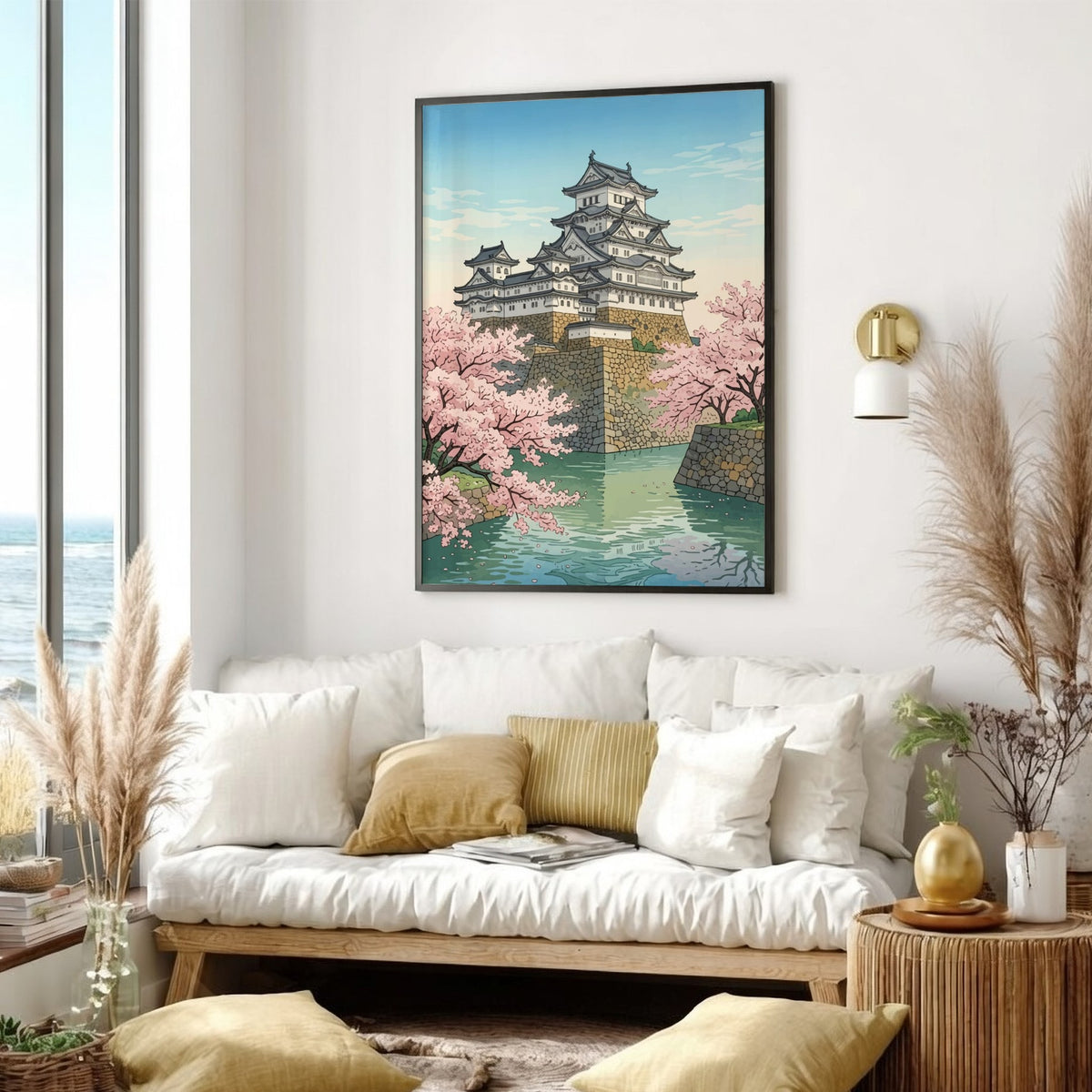 Poster of Himeji Castle in a Japanese woodblock style surrounded by pink cherry blossoms