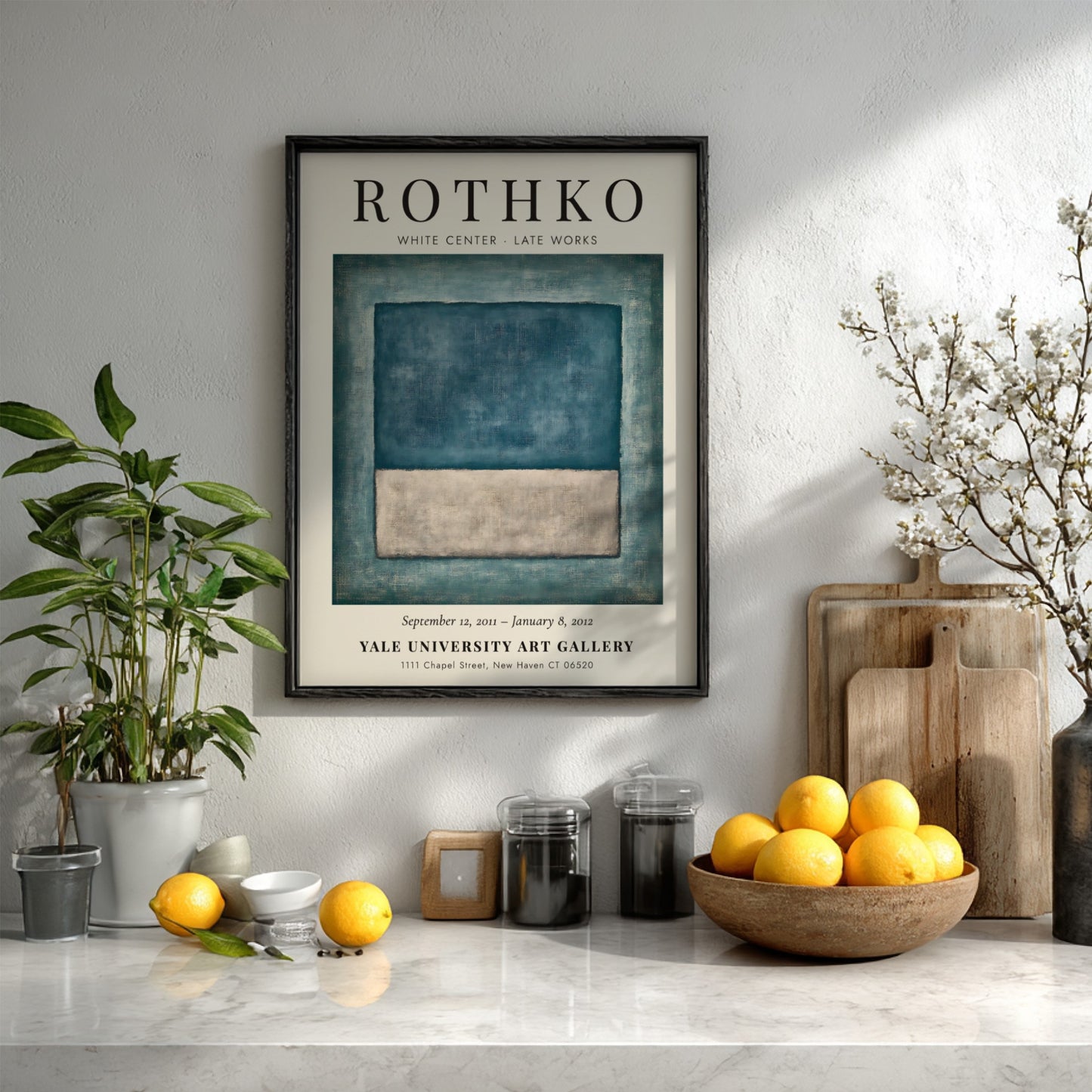 Wall art poster of Mark Rothko White Center featuring blue and grey rectangles.