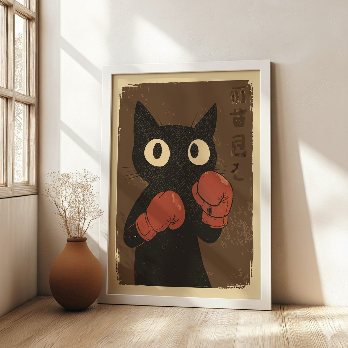 Black Cat Boxing Gloves Poster – Funny Retro Japanese Gym Art Print