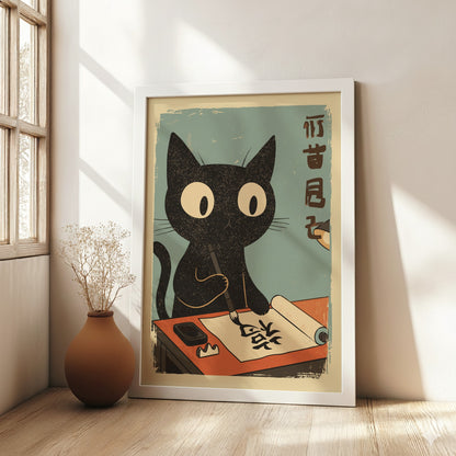 Black Cat Writing Poster – Funny Retro Japanese Home Office Art Print
