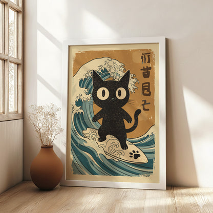 Black Cat Surfing Poster – Funny Retro Japanese Surf Wall Art Print