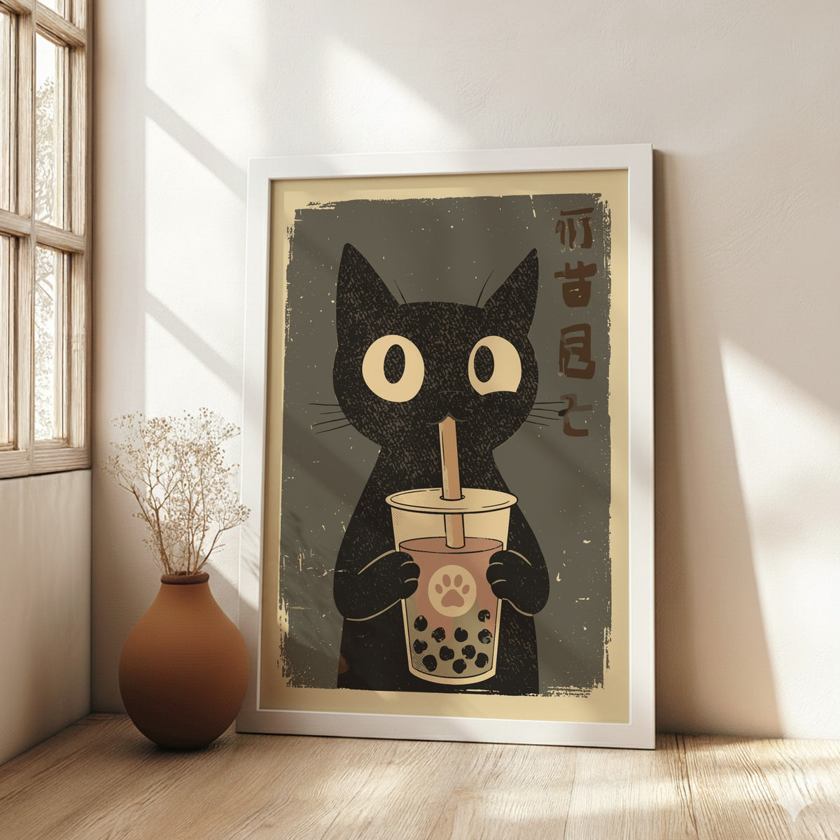 Black Cat Bubble Tea Poster – Cute Retro Kawaii Kitchen Art Print