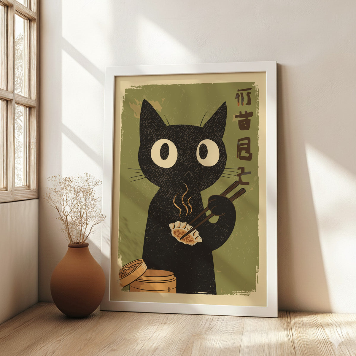 Black Cat Eating Dumplings Poster – Retro Japanese Kitchen Art Print