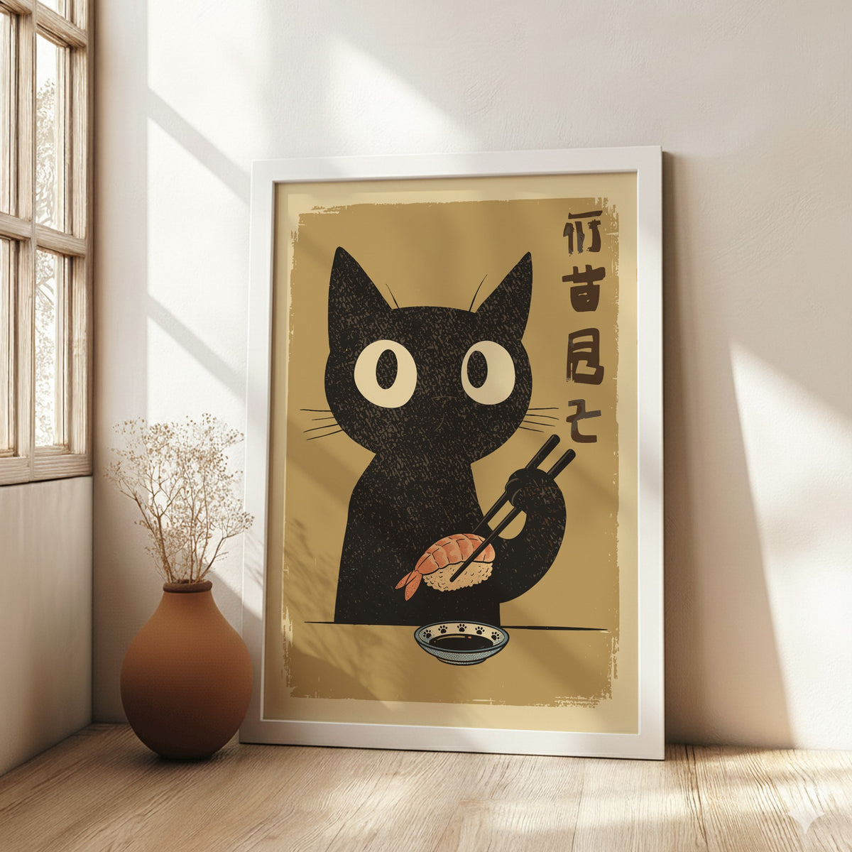 Black Cat Eating Sushi Poster – Retro Japanese Food Kitchen Art Print