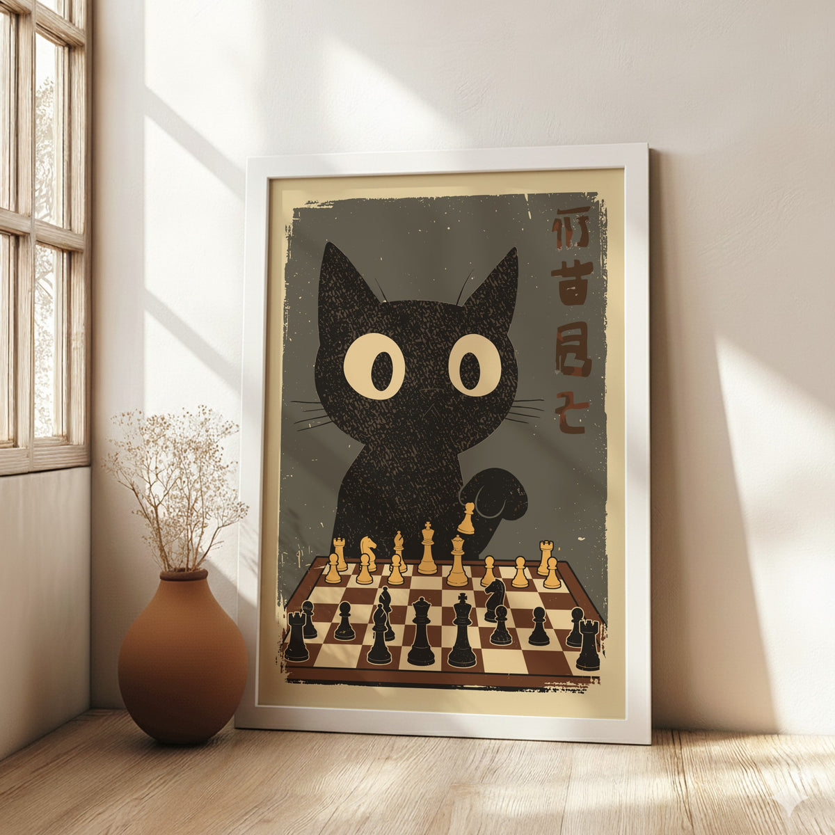 Black Cat Playing Chess Poster – Retro Japanese Games Room Art Print