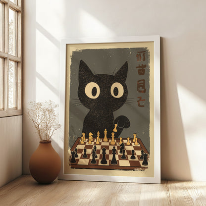 Black Cat Playing Chess Poster – Retro Japanese Games Room Art Print