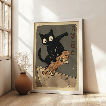 Black Cat Skateboarding Poster – Funny Retro Japanese Skater Art Print
