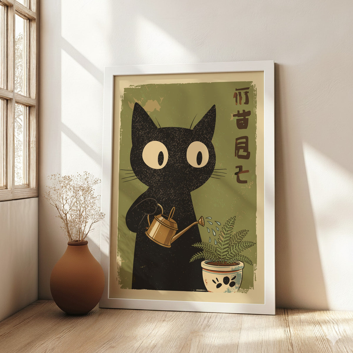 Black Cat Watering Plant Poster – Retro Japanese Gardener Art Print
