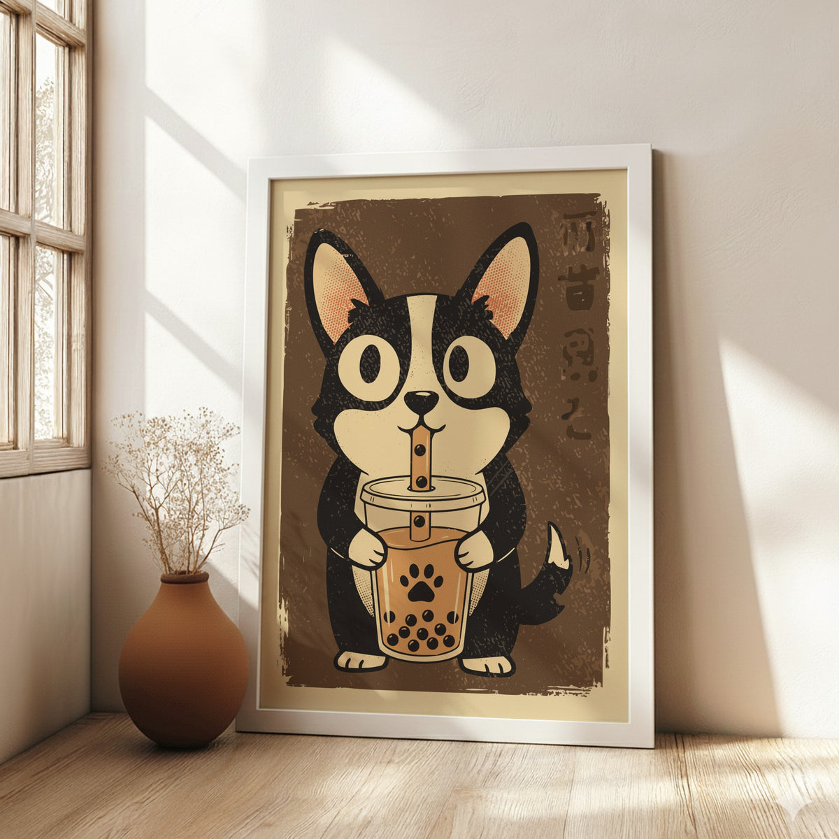 Corgi Drinking Bubble Tea Poster – Cute Retro Kawaii Dog Art Print