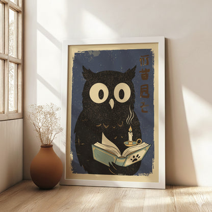 Owl Reading Poster – Cute Retro Japanese Book Lover Art Print