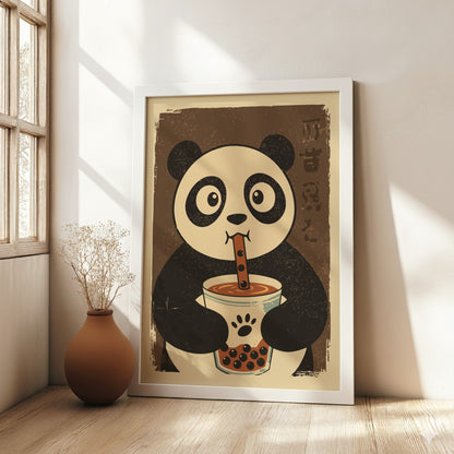 Panda Drinking Bubble Tea Poster – Cute Retro Kawaii Boba Art Print