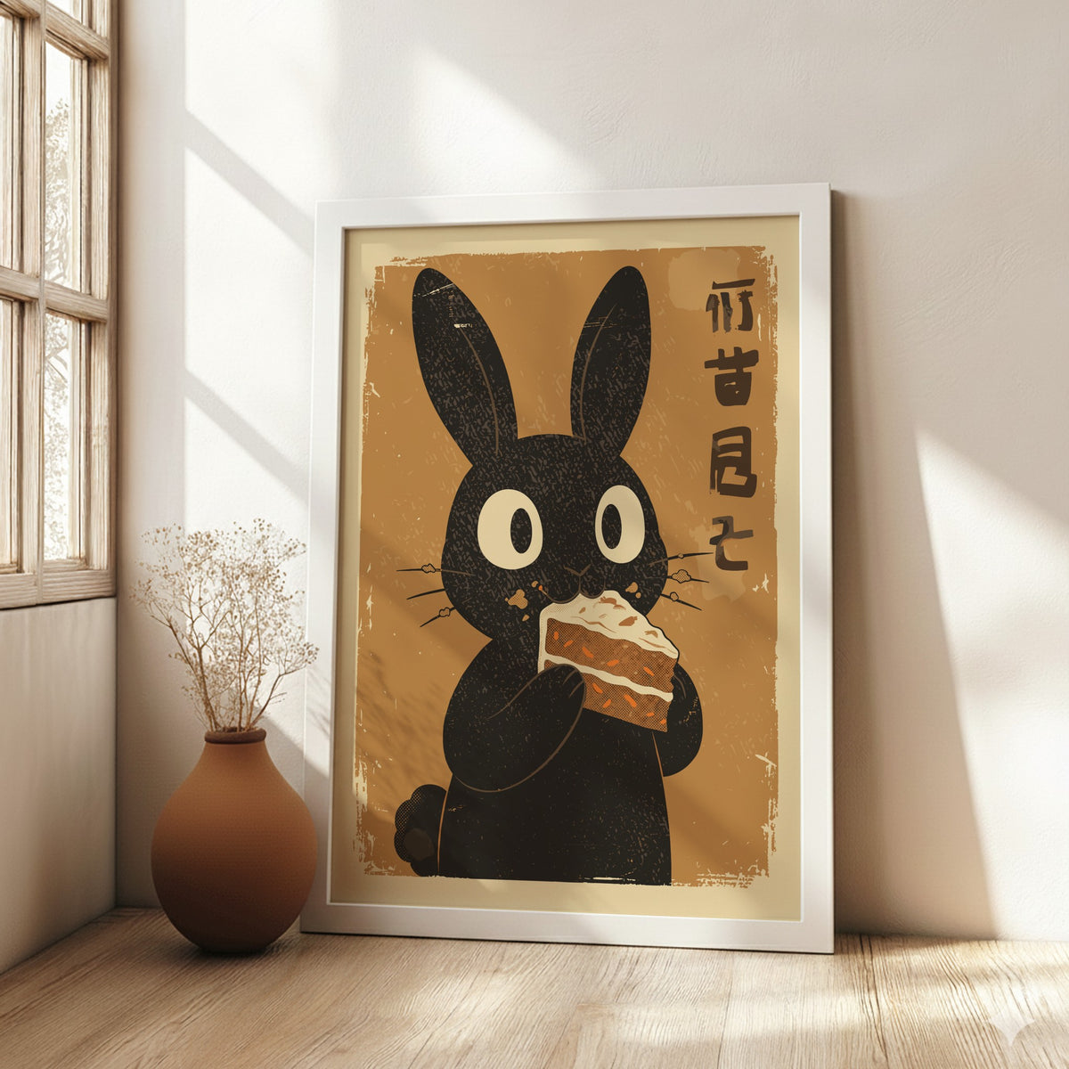 Black Rabbit Eating Carrot Cake Poster – Funny Retro Kitchen Art Print
