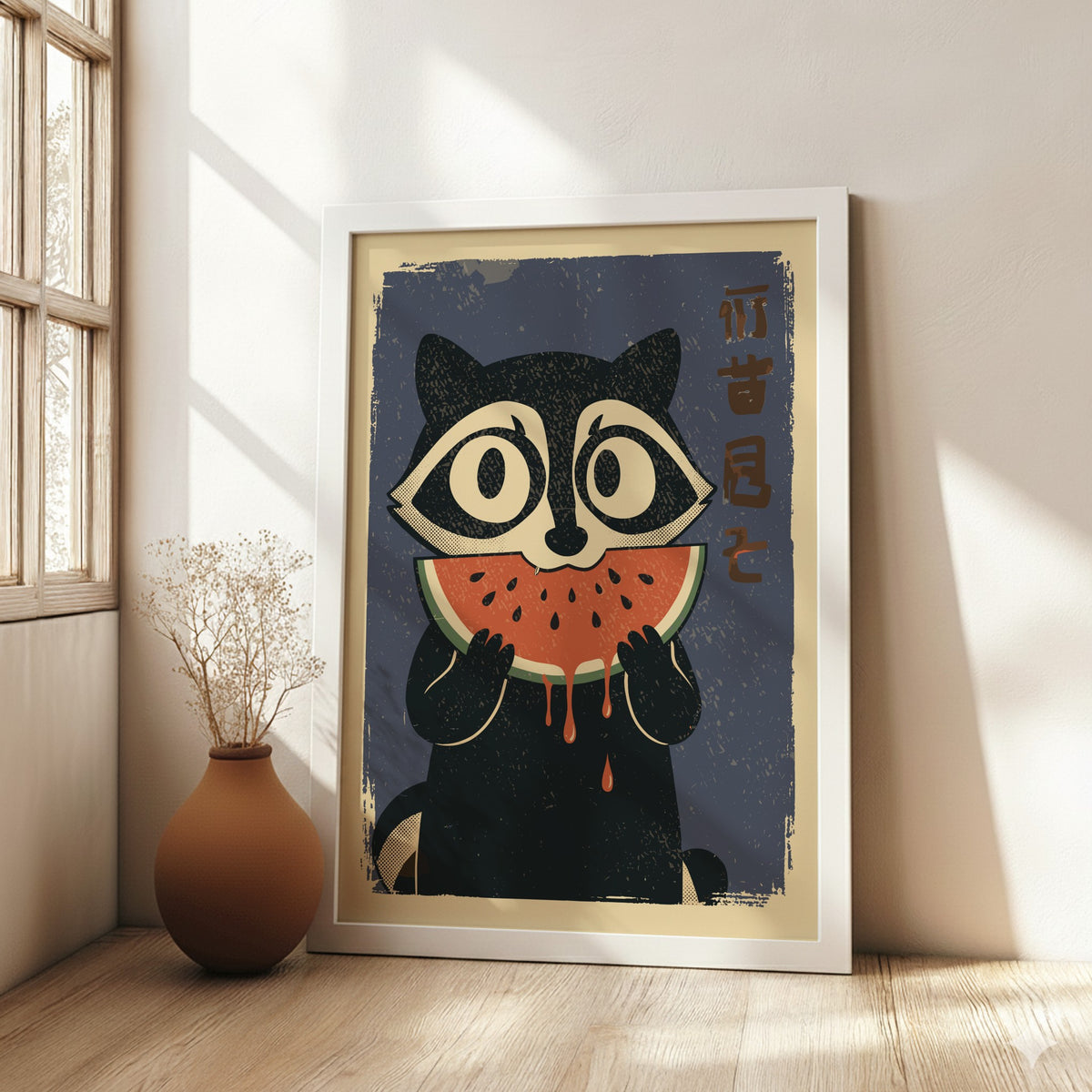 Raccoon Eating Watermelon Poster – Funny Retro Summer Fruit Art Print